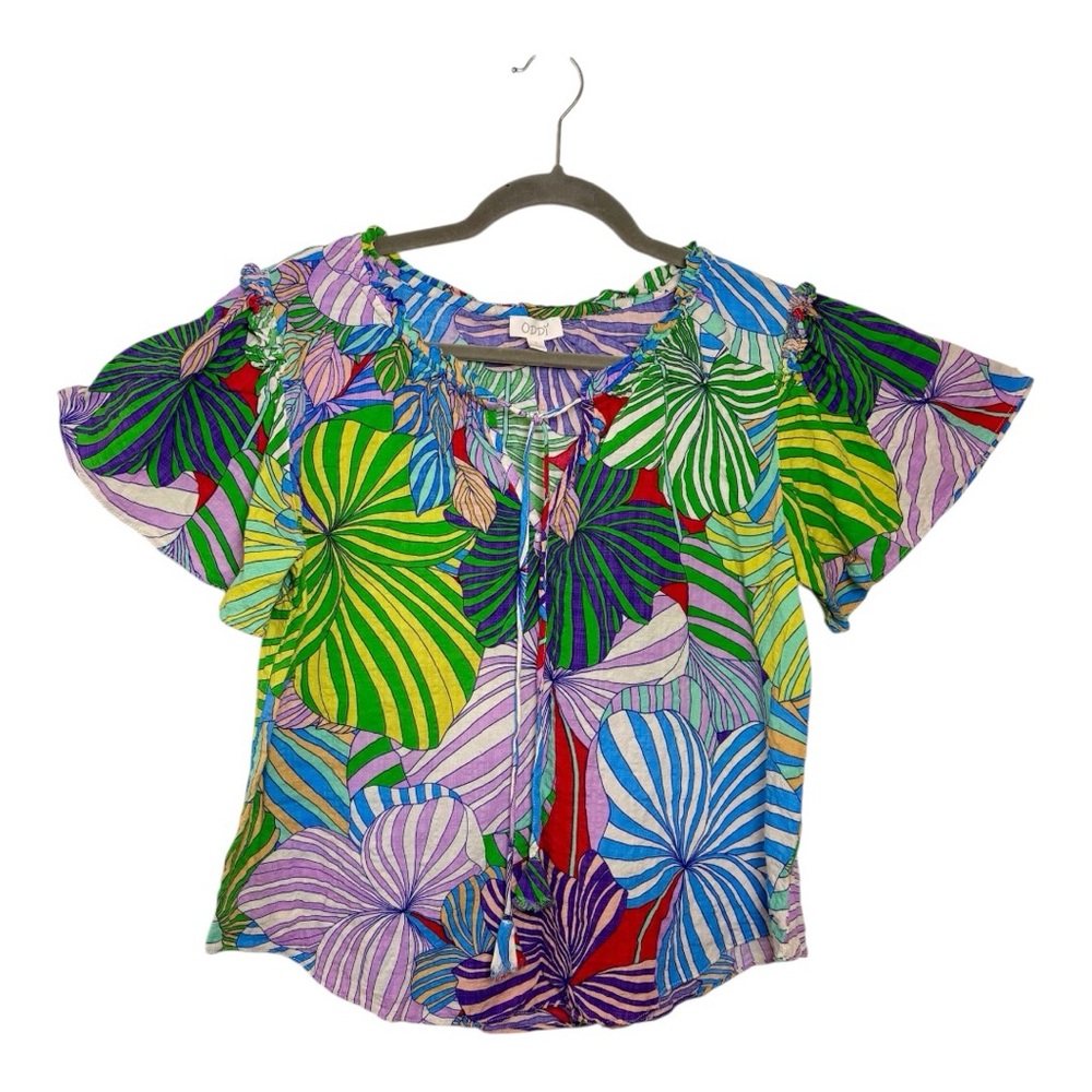 Oddi Colorful Tropical Leaf Print Flutter Sleeve Boho Resort Blouse Small